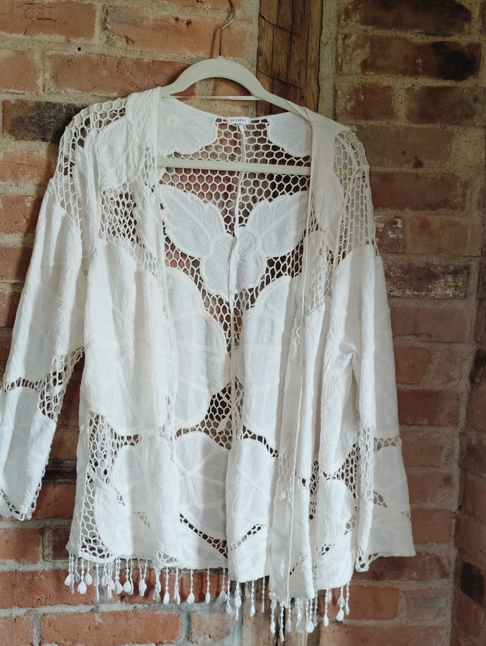 White Crochet Open Front Kimono Swim Cover Up with Tassels 100% Cotton Small